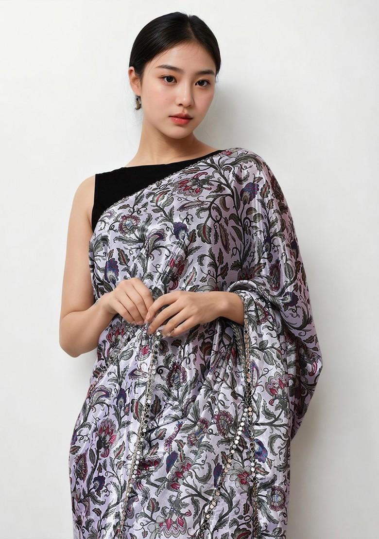 Grey Embroidered Blended Saree Set - Indya