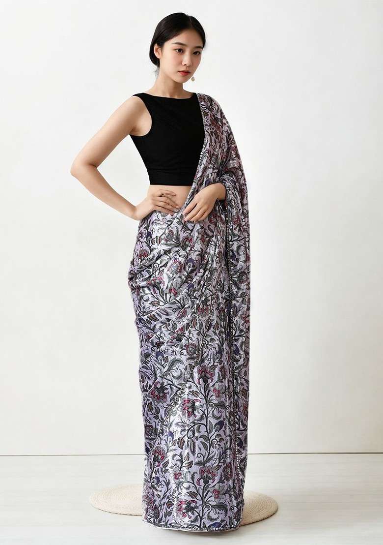 Grey Embroidered Blended Saree Set - Indya