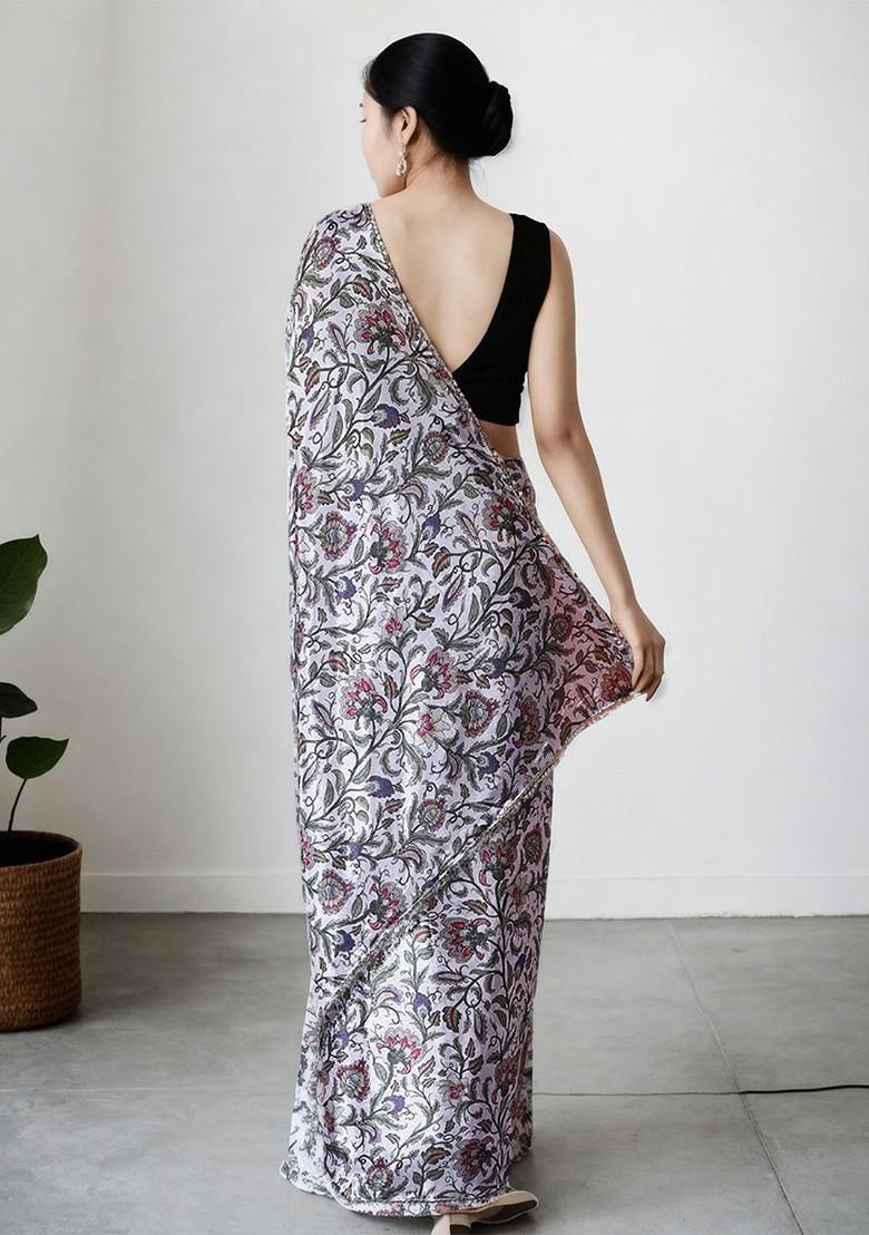 Grey Embroidered Blended Saree Set - Indya