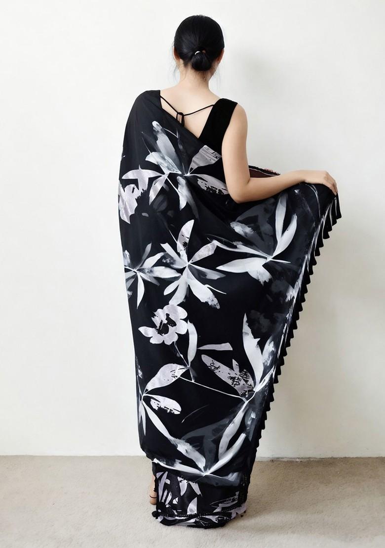 Charcoal Embroidered Blended Saree Set - Indya