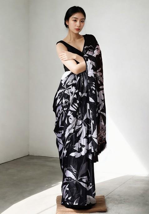 Charcoal Embroidered Blended Saree Set — view on Indya