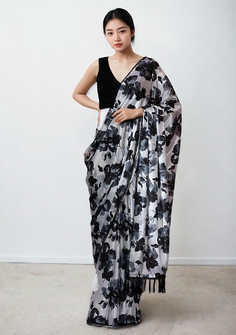 Off White Embroidered Blended Saree Set