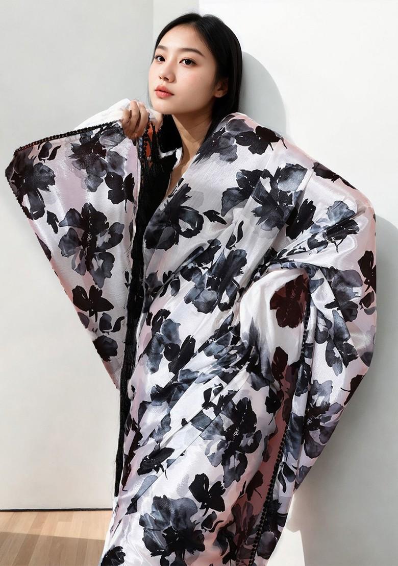 Off White Embroidered Blended Saree Set