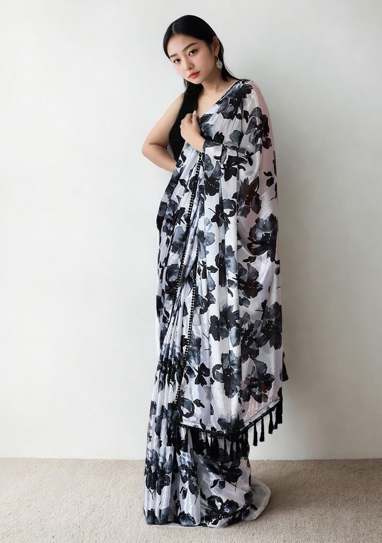 Off White Embroidered Blended Saree Set