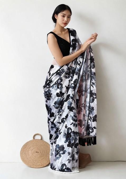 Off White Embroidered Blended Saree Set