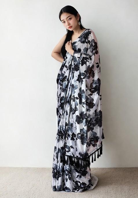 Off White Embroidered Blended Saree Set