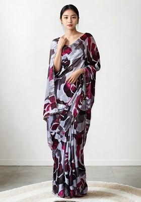 Grey Embroidered Blended Saree Set