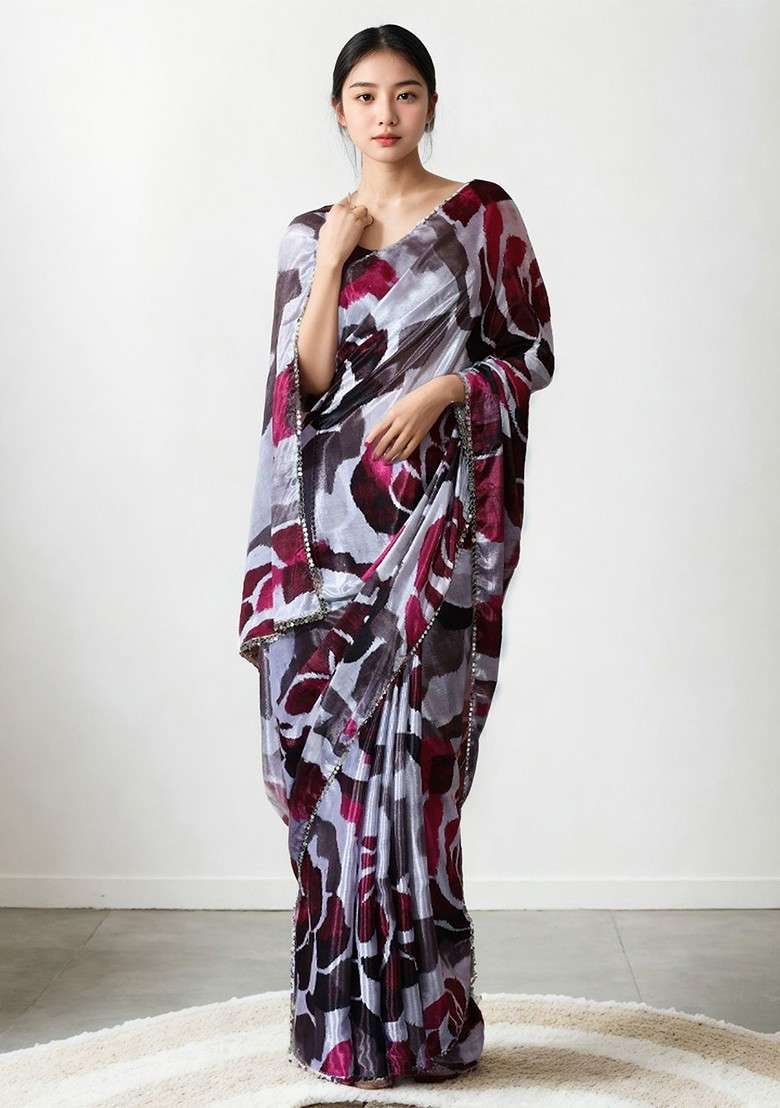 Grey Embroidered Blended Saree Set - Indya