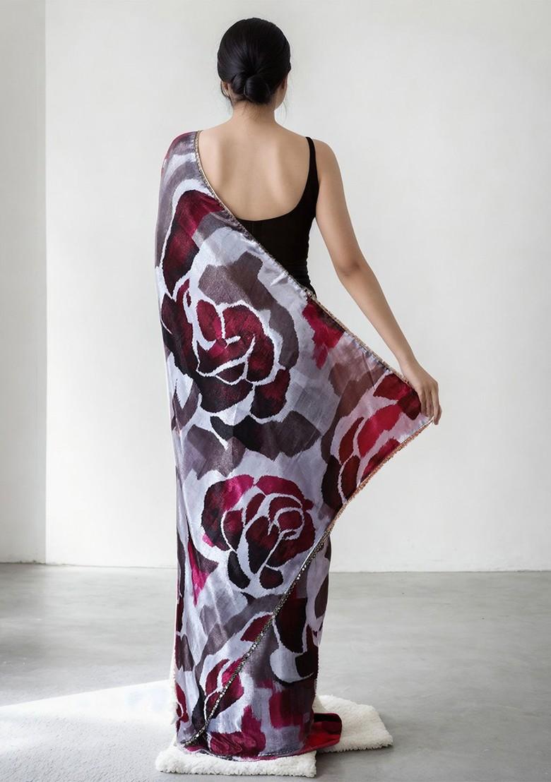 Grey Embroidered Blended Saree Set - Indya