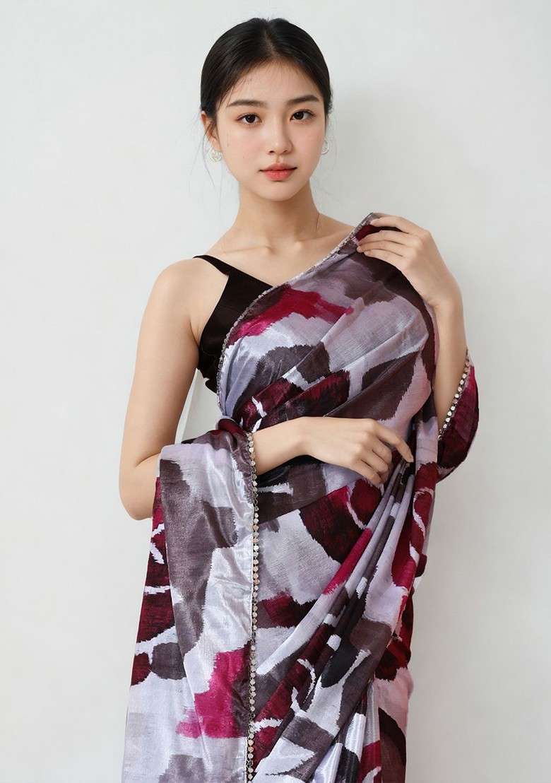 Grey Embroidered Blended Saree Set - Indya