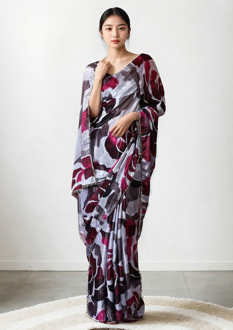 Grey Embroidered Blended Saree Set - Indya