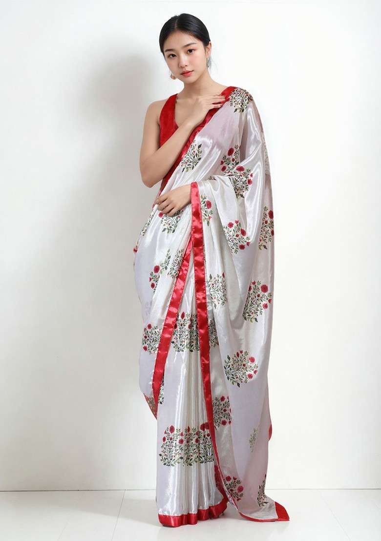 Off White Embroidered Blended Saree Set - Indya