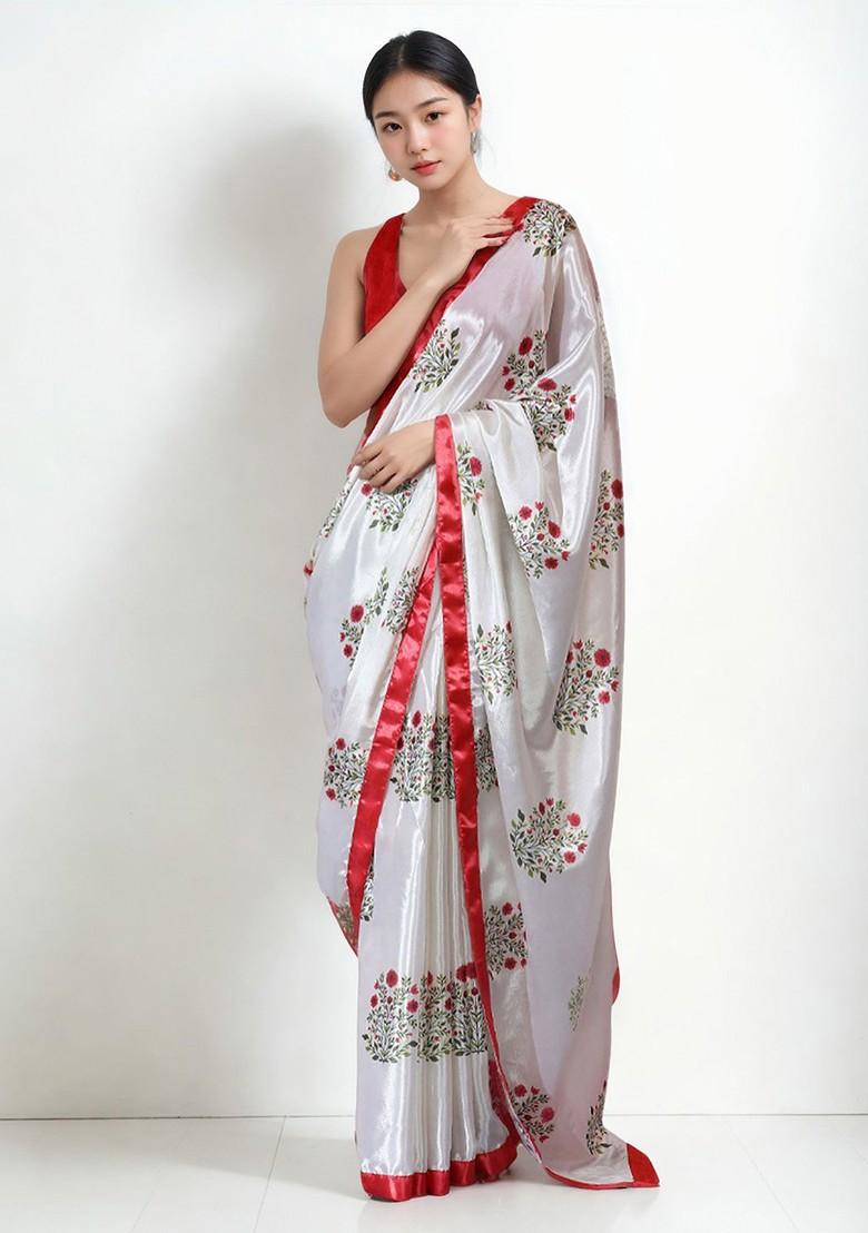 Off White Embroidered Blended Saree Set - Indya