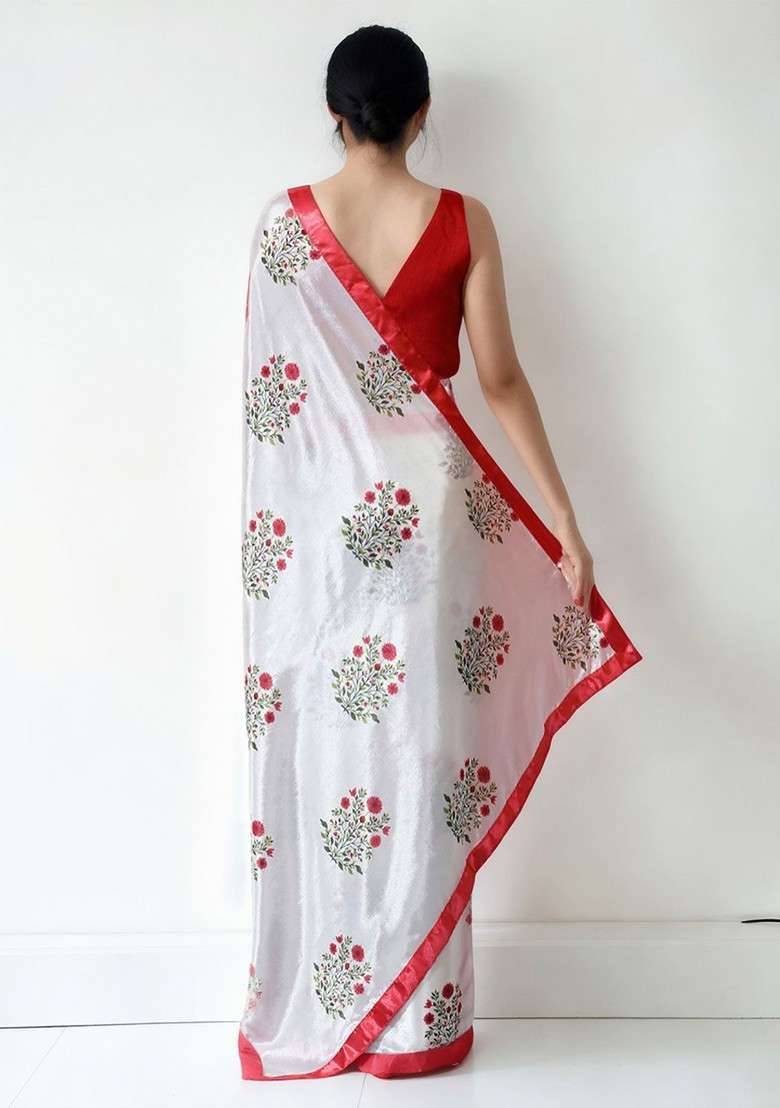 Off White Embroidered Blended Saree Set - Indya