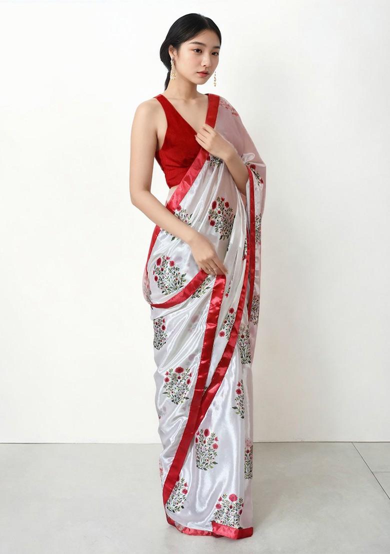 Off White Embroidered Blended Saree Set - Indya