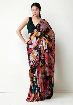 Green Embroidered Blended Saree Set