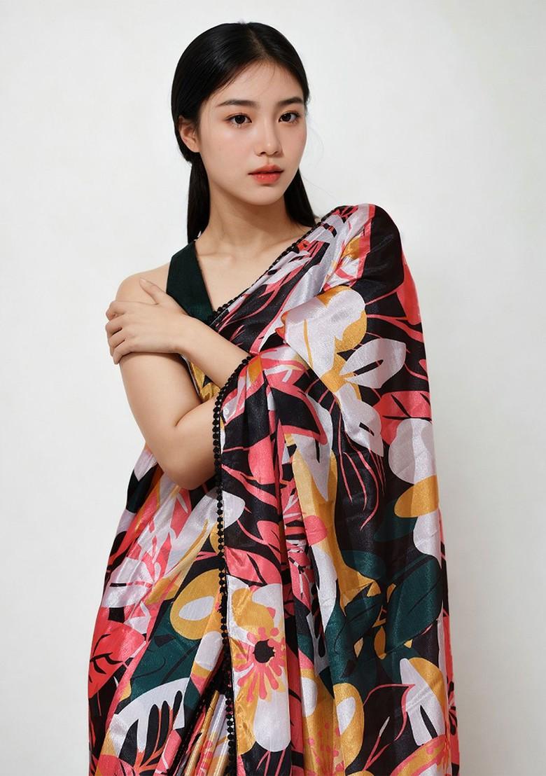 Green Embroidered Blended Saree Set - Indya