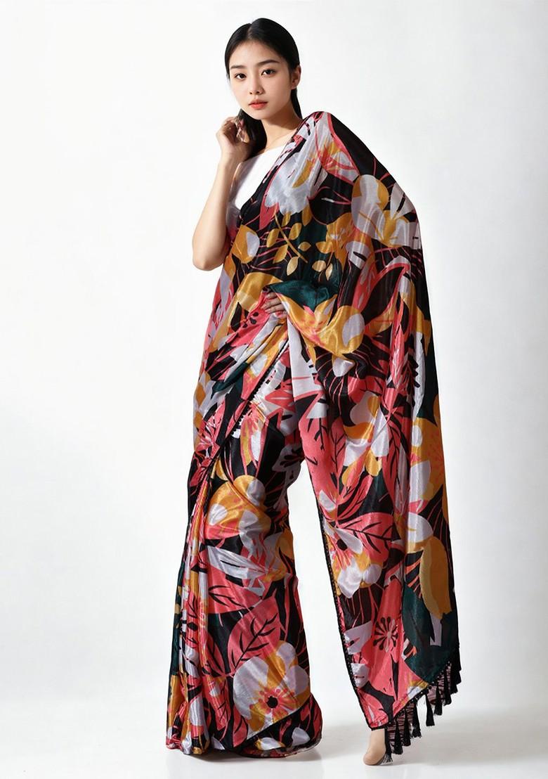 Green Embroidered Blended Saree Set - Indya