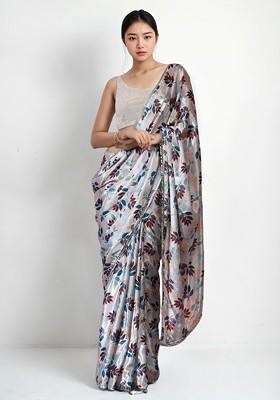 Cream Embroidered Blended Saree Set