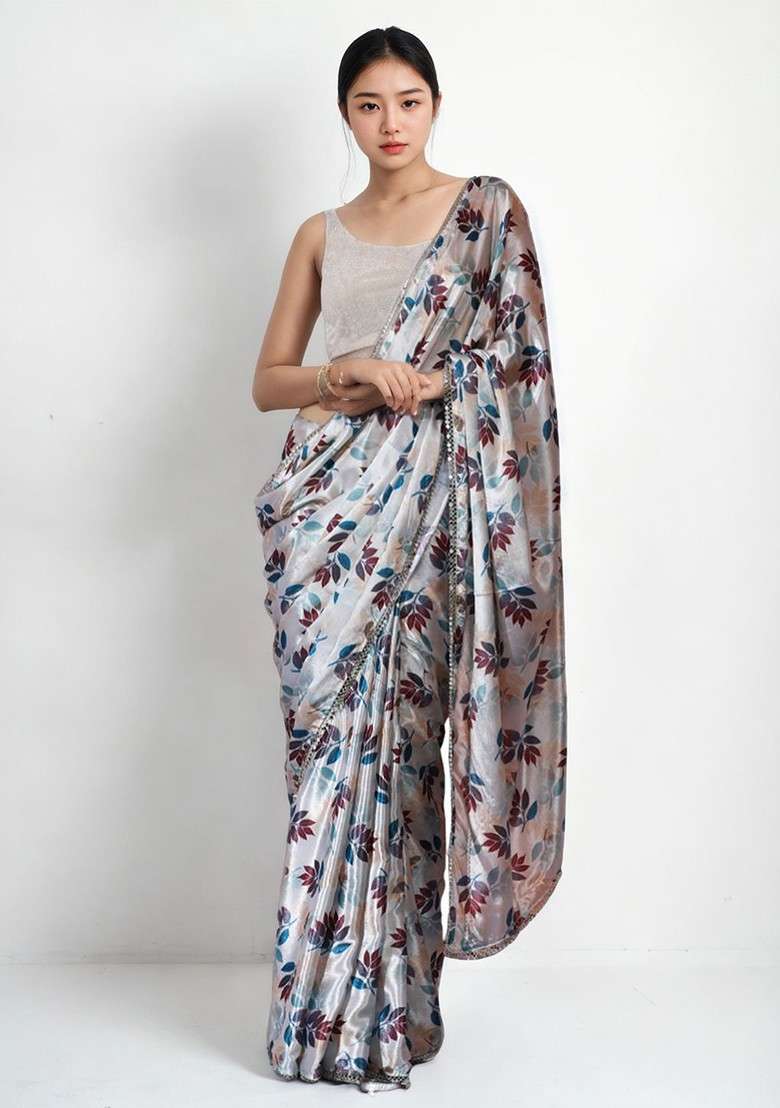 Cream Embroidered Blended Saree Set - Indya