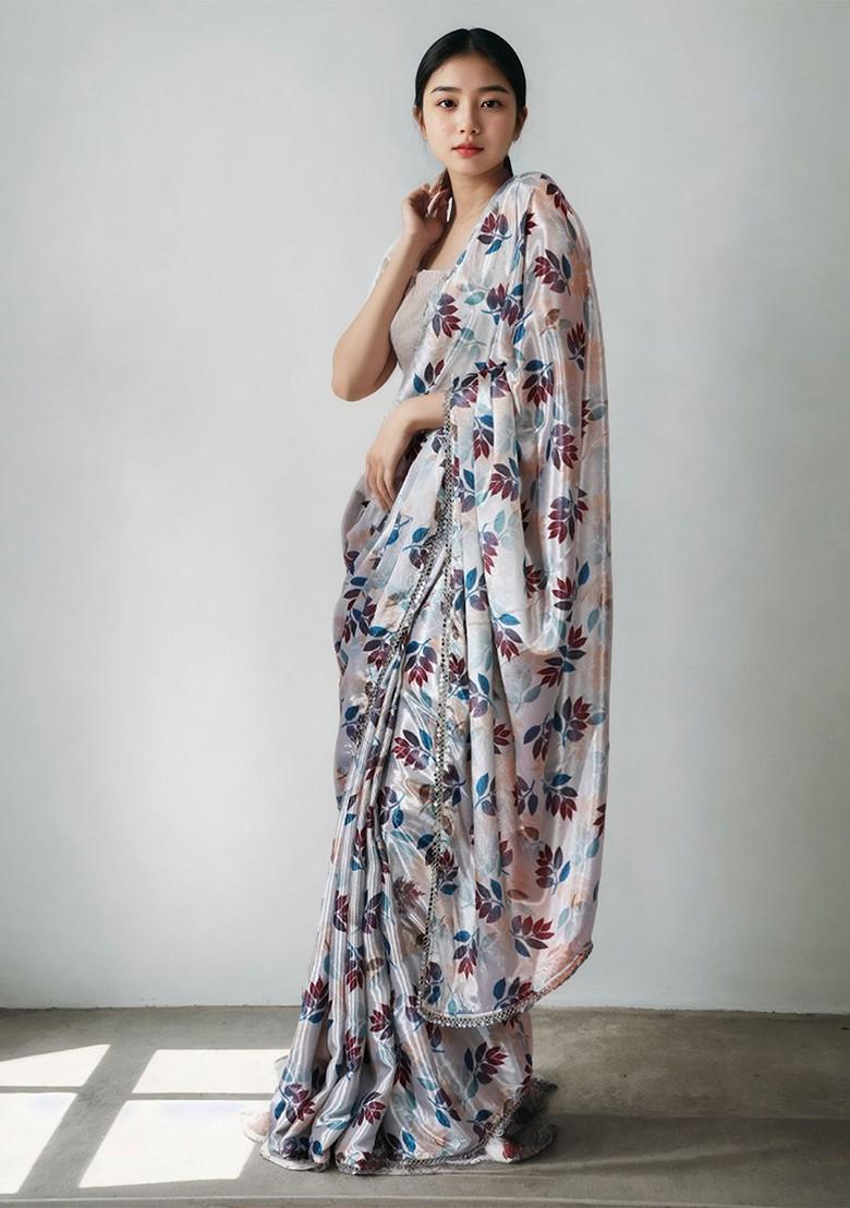 Cream Embroidered Blended Saree Set - Indya