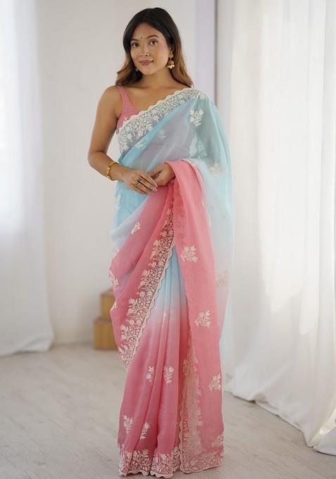 Blue Embellished Blended Saree Set