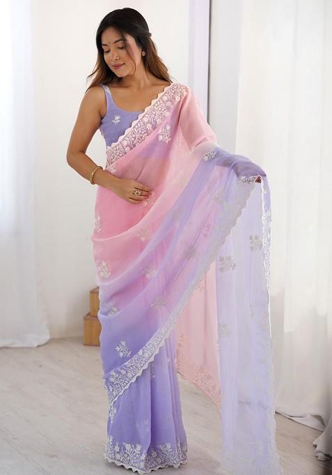 Pink Embellished Blended Saree Set