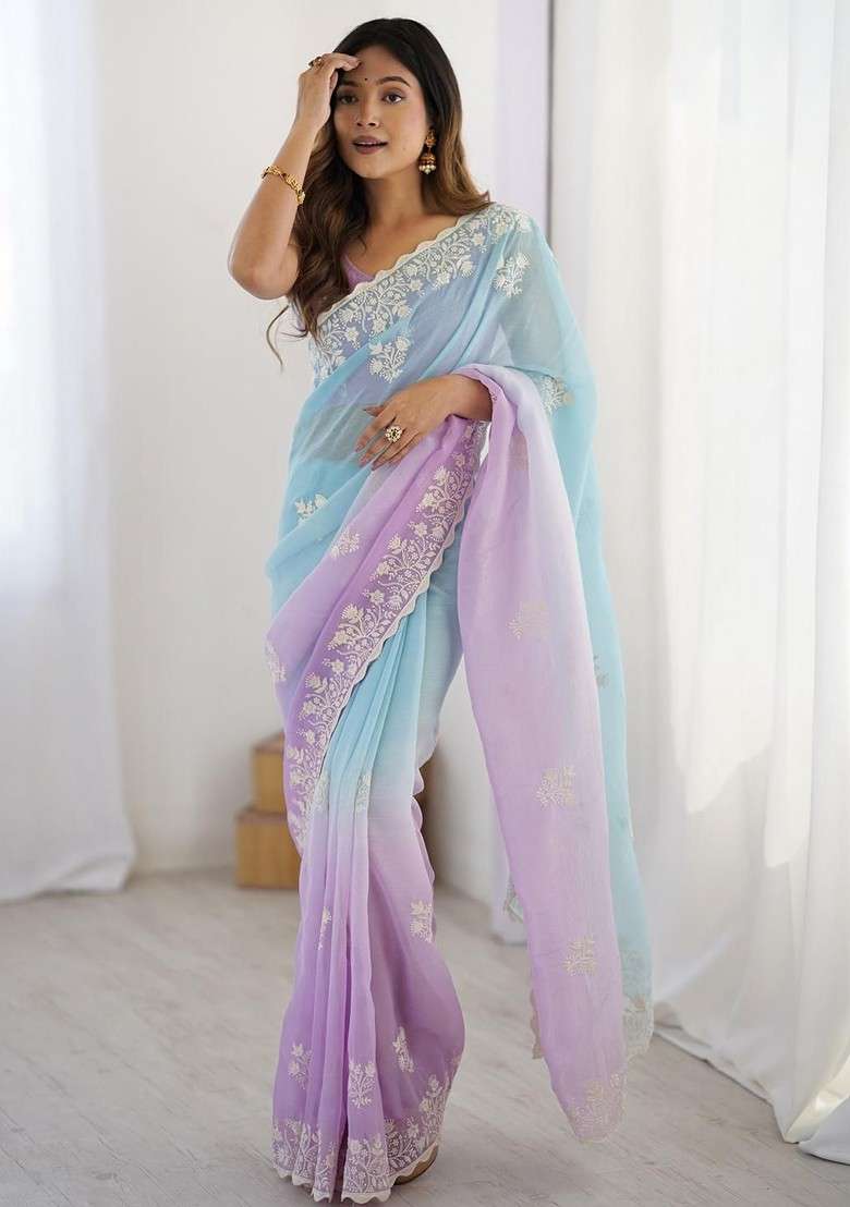 Blue Embellished Blended Saree Set for Diwali | Wedding & Festive Wear - Indya