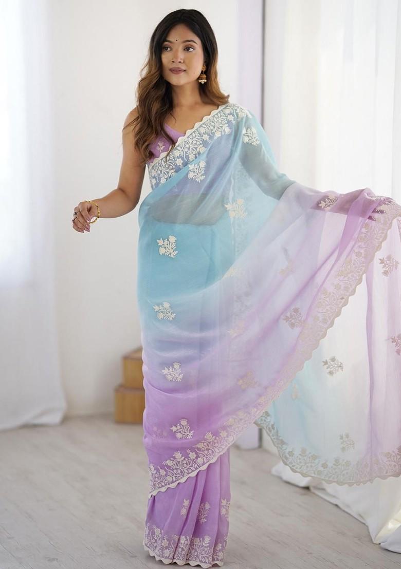 Blue Embellished Blended Saree Set - Indya