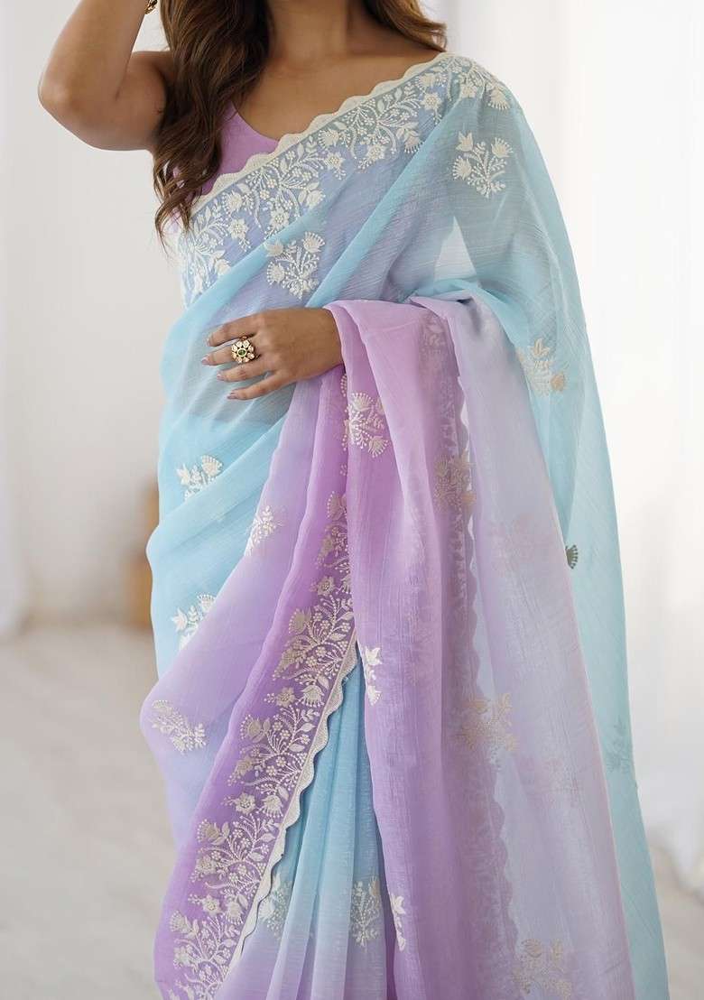 Blue Embellished Blended Saree Set for Diwali | Wedding & Festive Wear - Indya