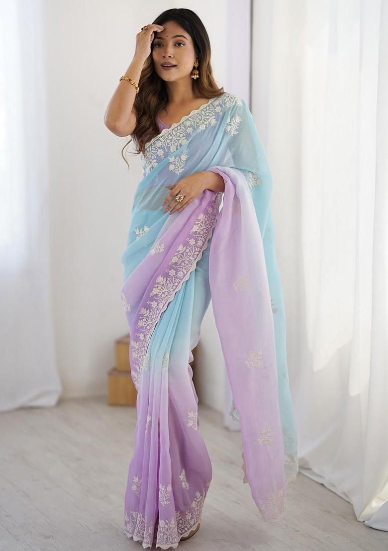 Blue Embellished Blended Saree Set - Indya