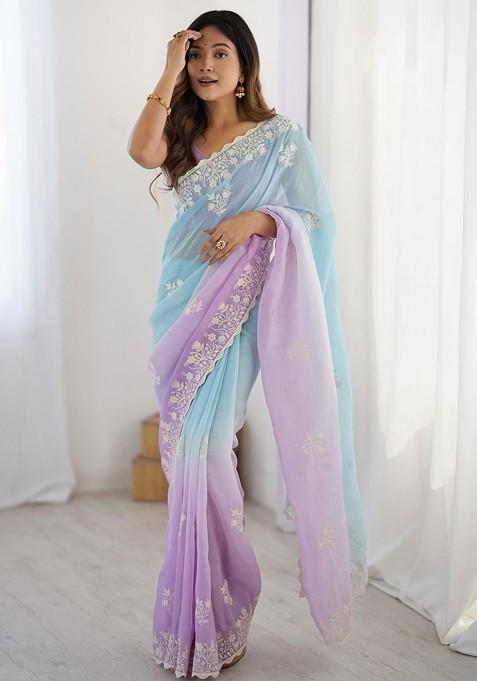 Blue Embellished Blended Saree Set — view on Indya