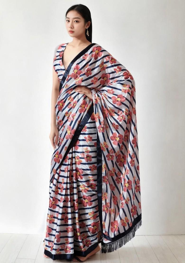 Peach Printed Blended Saree Set - Indya
