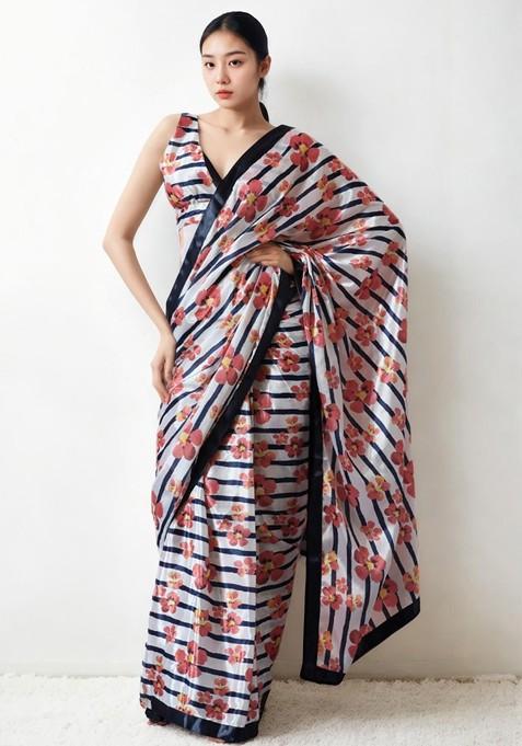 Peach Printed Blended Saree Set — view on Indya