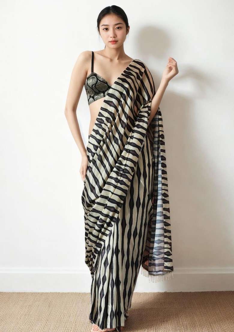 Cream Embroidered Blended Saree Set for Diwali and Festive Wear - Indya