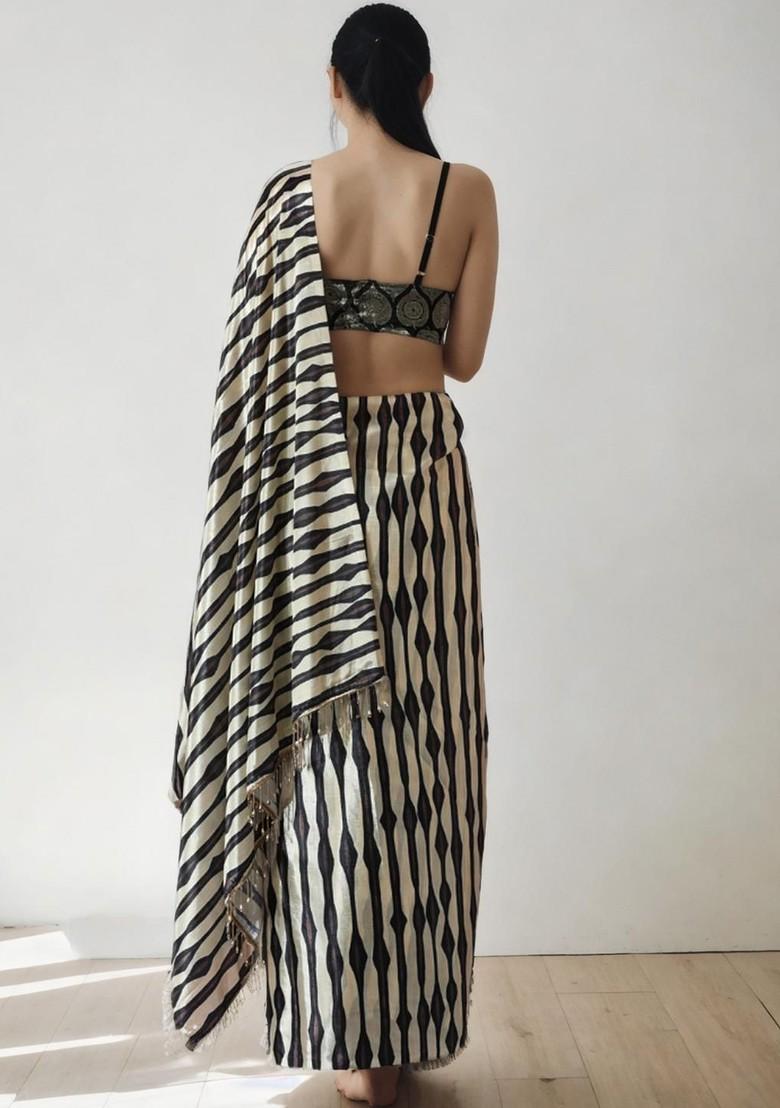 Cream Embroidered Blended Saree Set - Indya