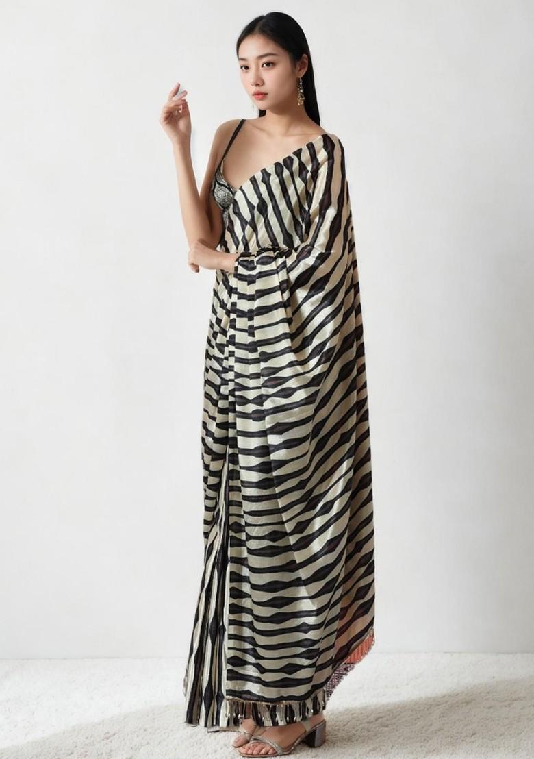 Cream Embroidered Blended Saree Set - Indya