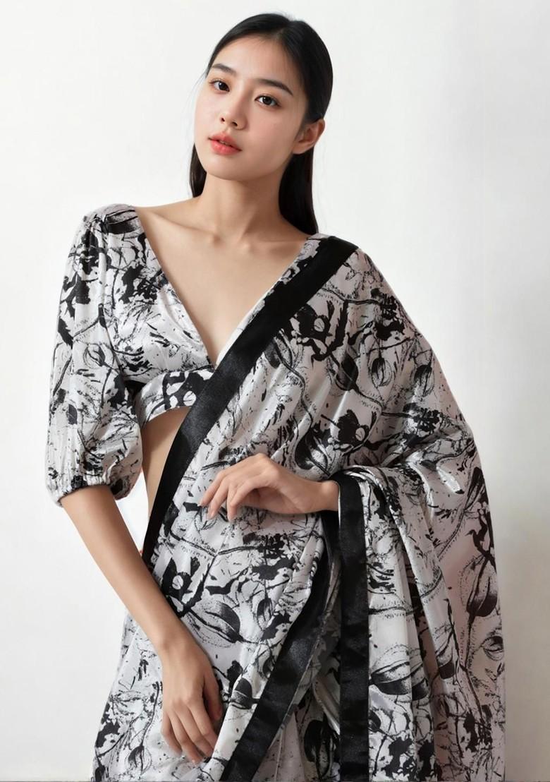 White Printed Blended Saree Set - Indya