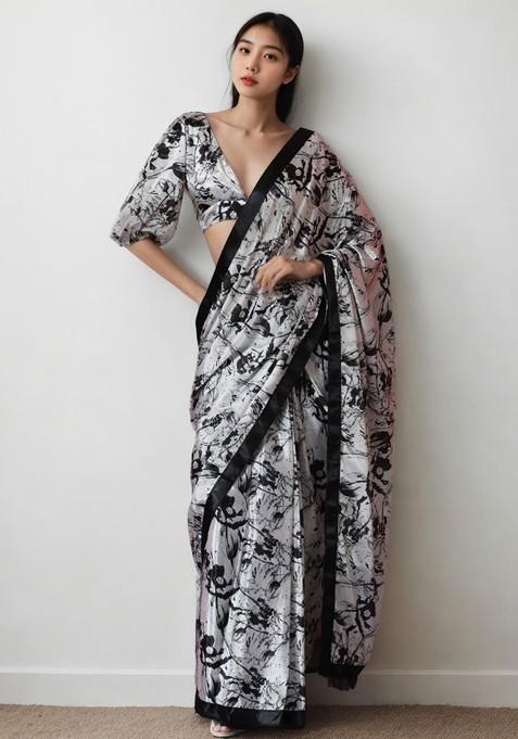 White Printed Blended Saree Set