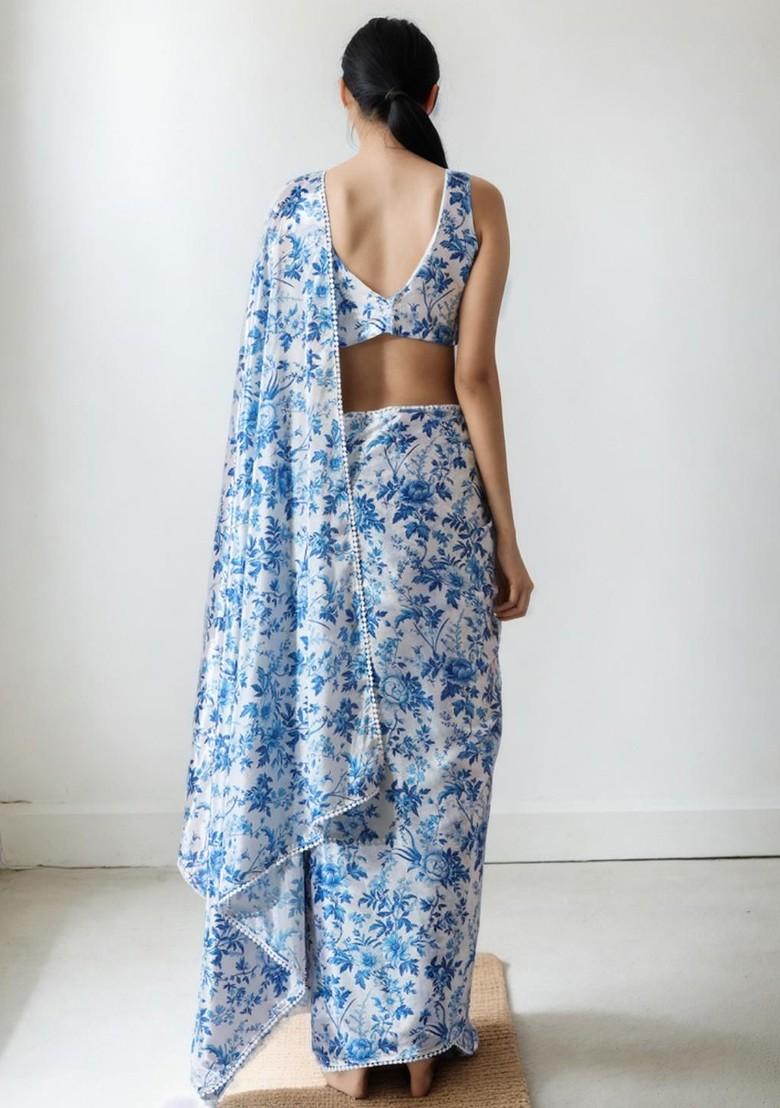 Blue Embroidered Blended Saree Set - Indya