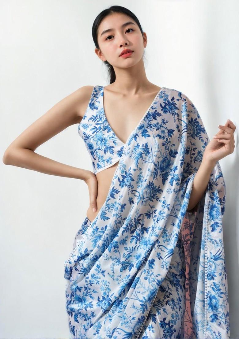 Blue Embroidered Blended Saree Set - Indya