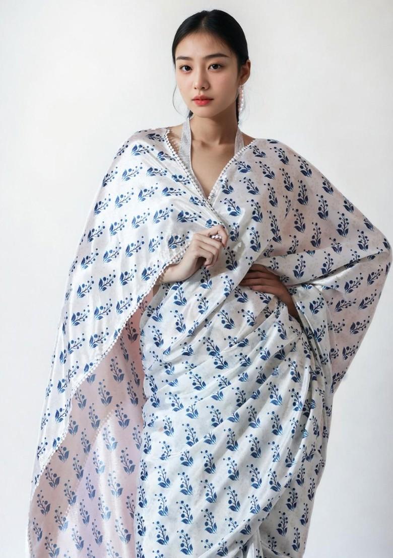 White Printed Blended Saree Set - Indya