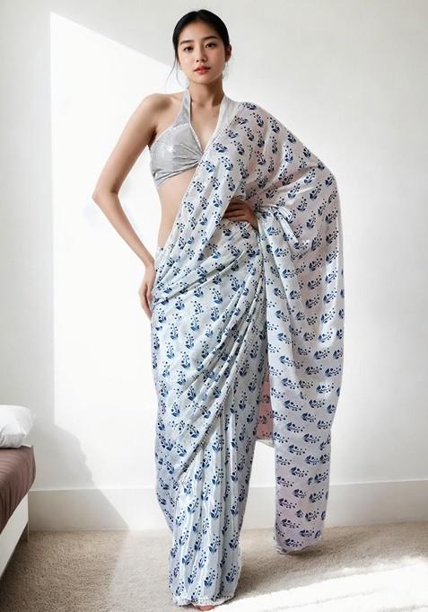 White Printed Blended Saree Set