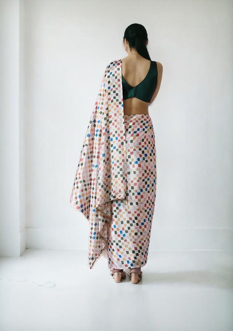 White Printed Blended Saree Set - Indya