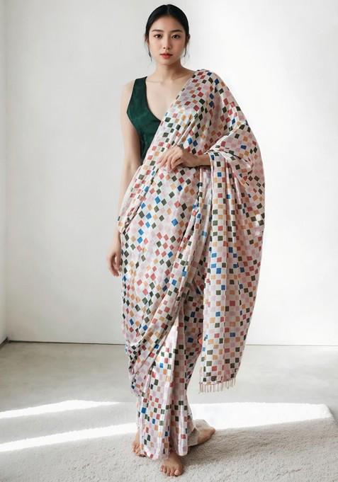 White Printed Blended Saree Set