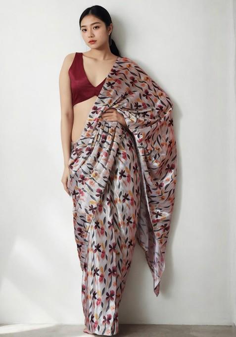 Red Printed Blended Saree Set