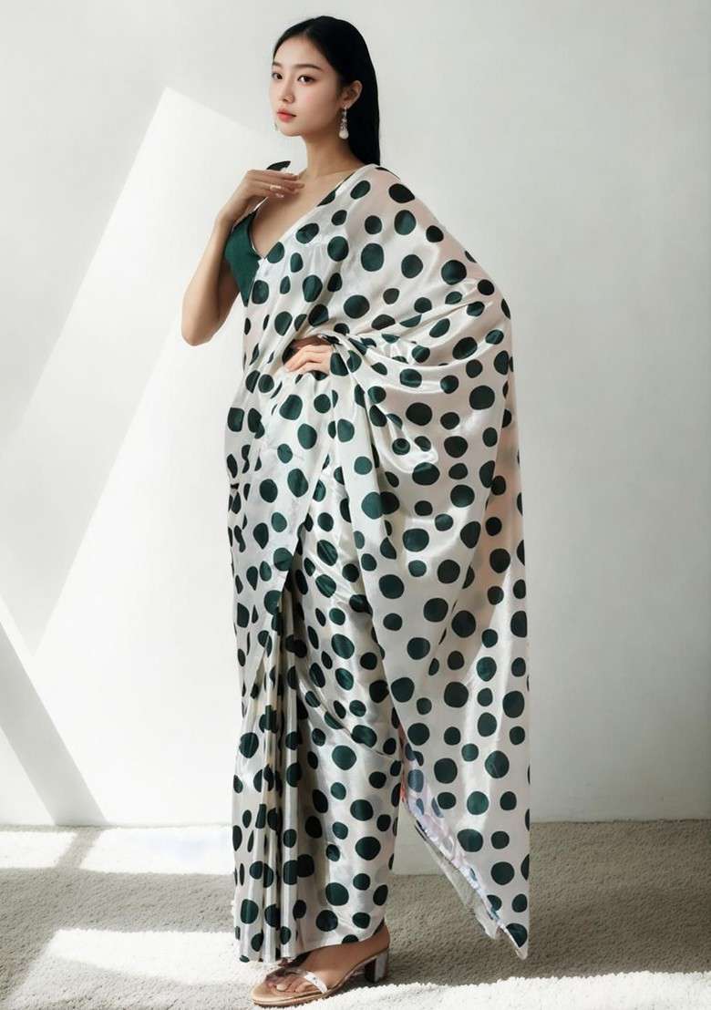 White Blended Saree Set with Embroidered for Diwali | Wedding & Festive Wear - Indya