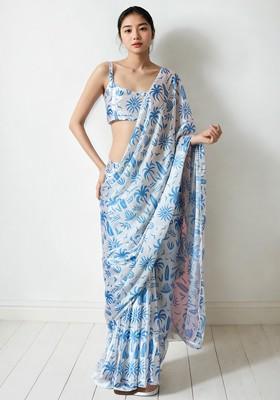 Blue Embroidered Blended Saree Set