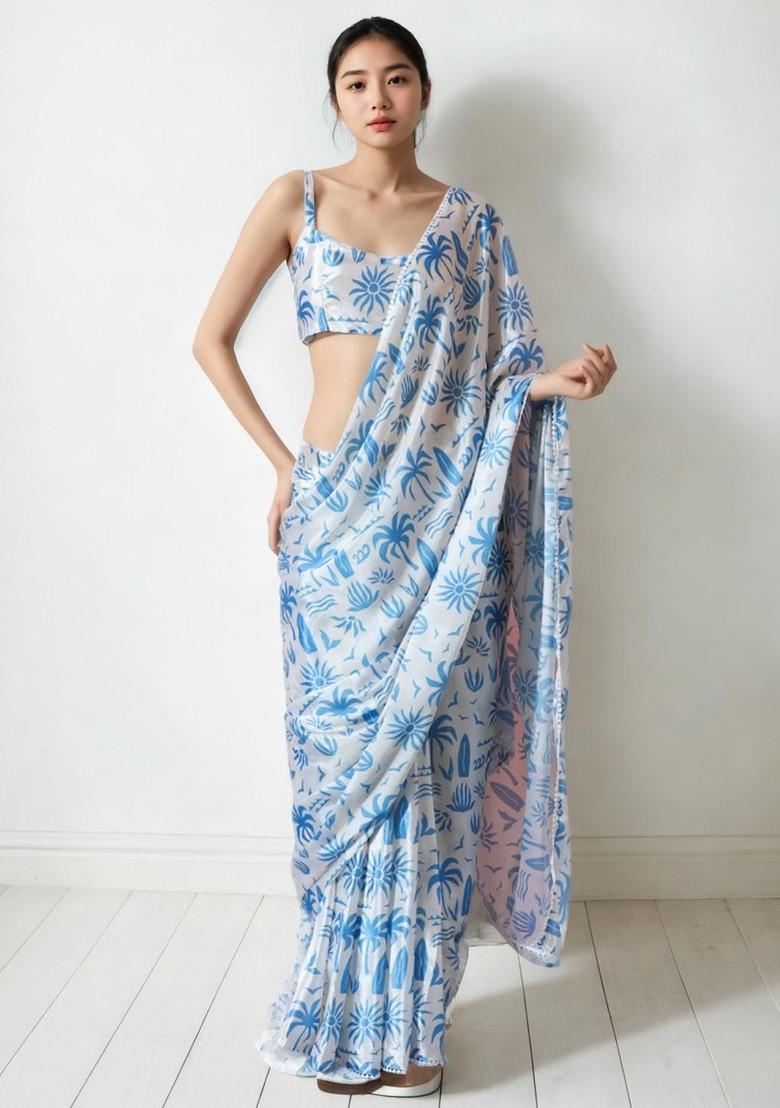 Blue Embroidered Blended Saree Set - Indya