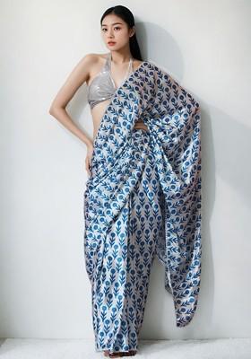 Blue Embroidered Blended Saree Set